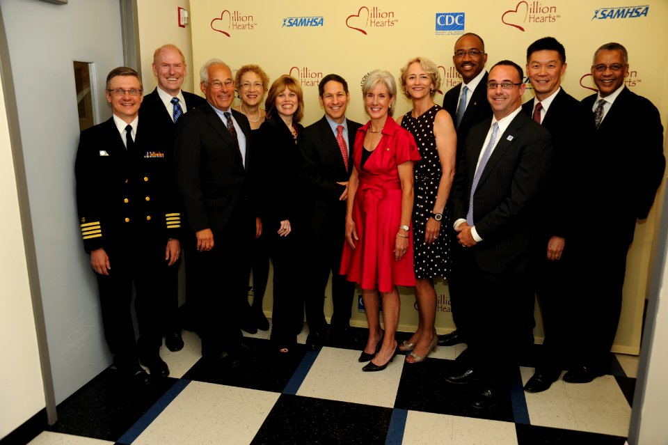 Secretary Sebelius along with other top HHS officials and agency partners pose outside of the launch of the Million Hearts Initiative, which aims to prevent 1 million heart attacks and strokes over the next five years