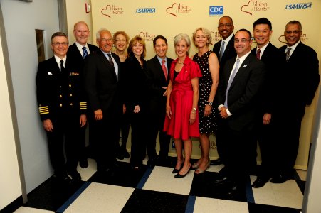 Secretary Sebelius along with other top HHS officials and agency partners pose outside of the launch of the Million Hearts Initiative, which aims to prevent 1 million heart attacks and strokes over the next five years