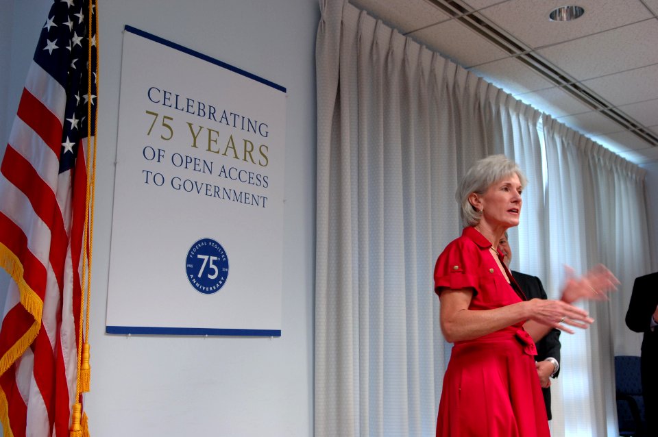 Secretary Sebelius gives brief remarks at her visit to the Federal Register