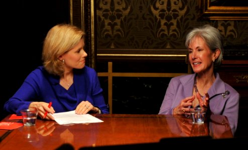 Secretary Sebeblius participates in a Web chat with iVillage's Kelly Wallace to discuss bullying on Thursday March 10 (Pic 2) (cropped)