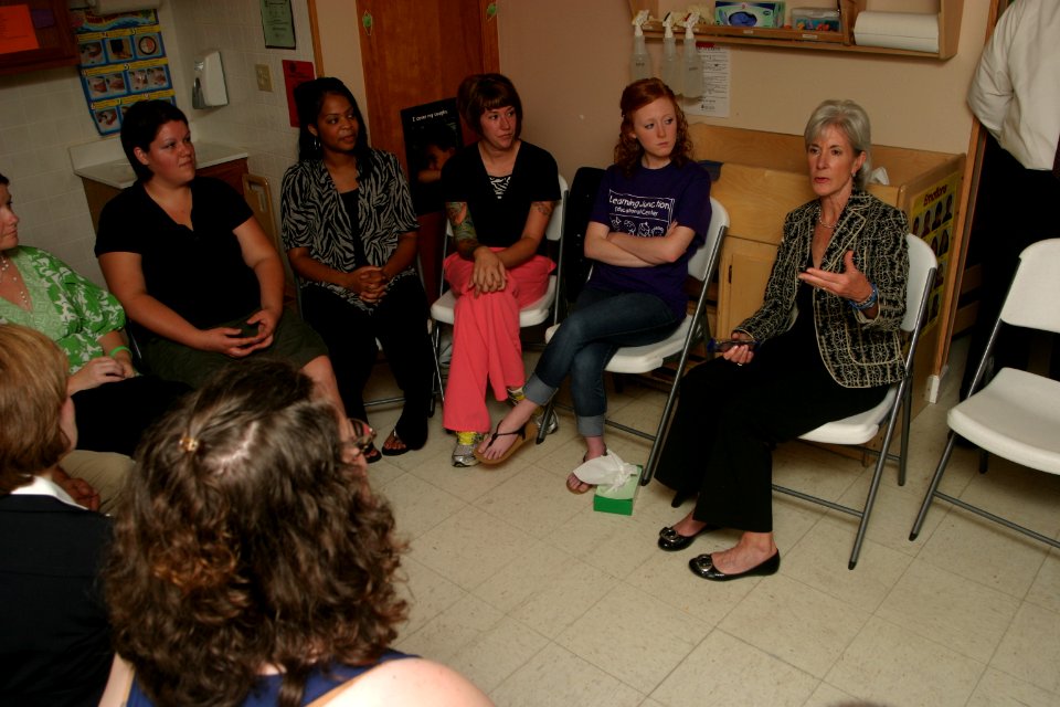 Secretary Sebelius hears from parents impacted by the Joplin tornado at the Learning Junction Child Care Center in Joplin, MO