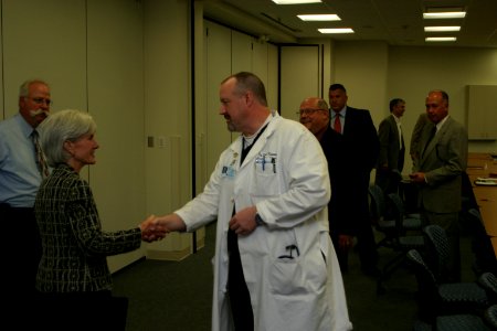 Secretary Sebelius meets with local city, state and health officials at Freeman Hospital in Joplin, Missouri, to discuss the tornado recovery and response effort photo