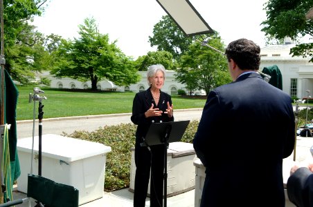 Secretary Sebelius speaks with reporters outside of the White House after she announced the $250,000 in Beacon Communities Grants with Vice President Biden