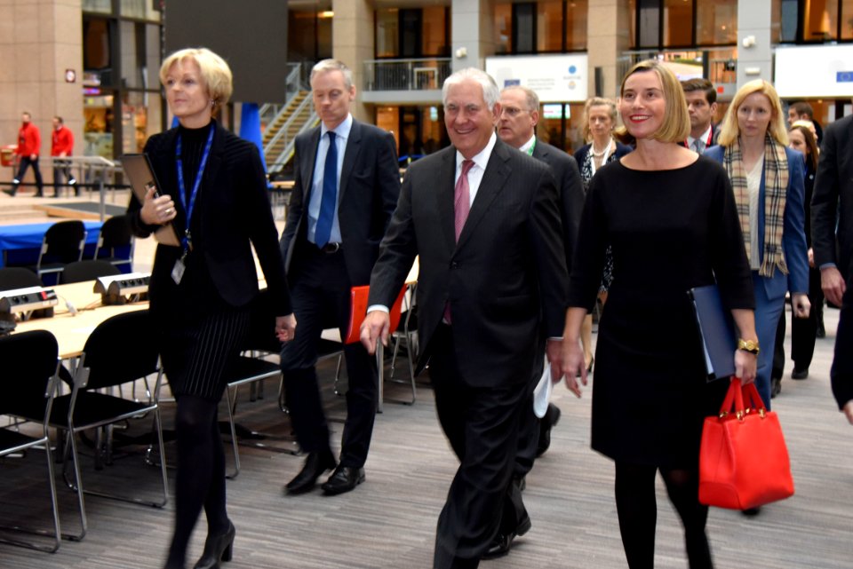 Secretary Tillerson and EU High Representative Mogherini Ahead of Their Joint Press Remarks in Brussels