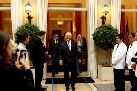 Secretary Tillerson Arrives for a Meet and Green at Whitlock Hall in Brussels