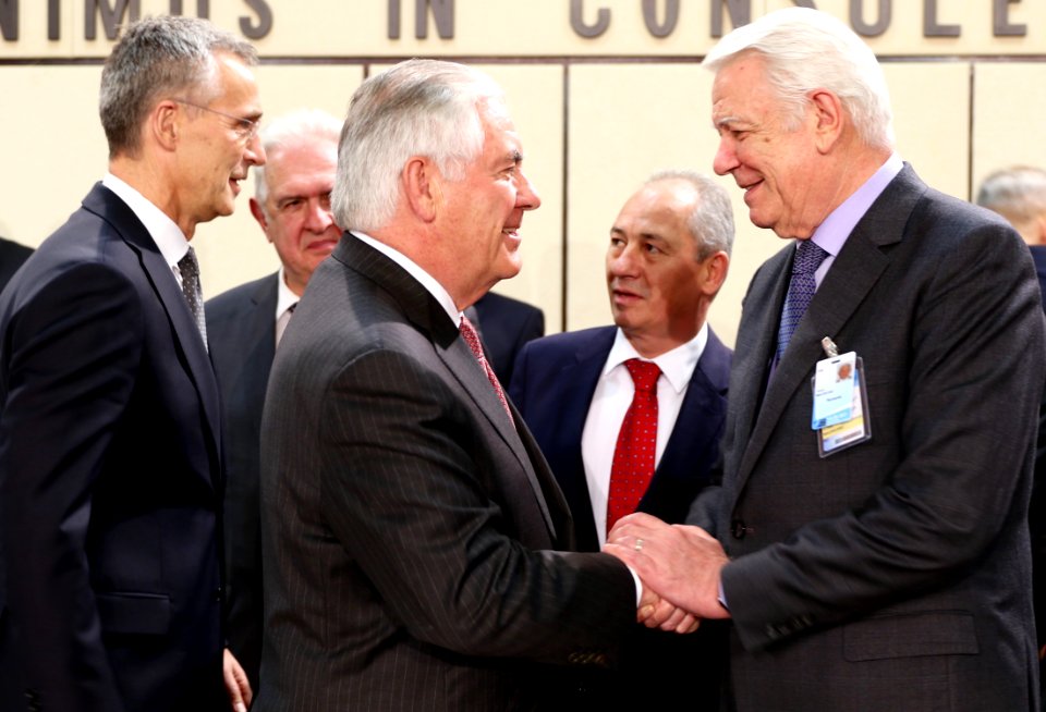 Secretary Tillerson Greets Romanian Foreign Minister Melescanu at NATO Headquarters