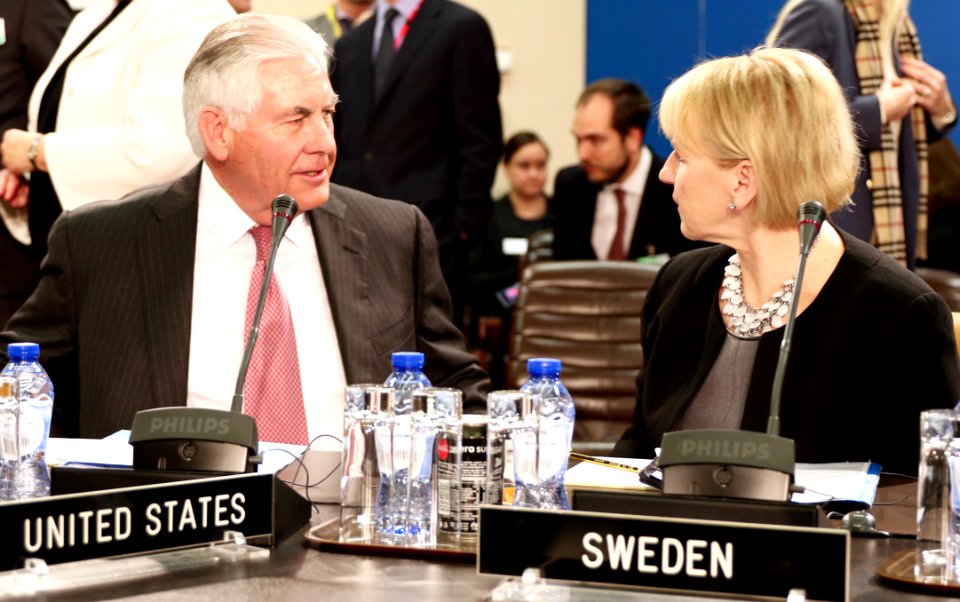 Secretary Tillerson Chats With Sweden Foreign Minister Wallstorm at NATO Headquarters