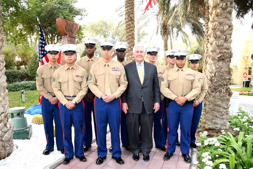 Secretary Tillerson Poses for a Photo With the Marine Security Guard Detachment Members in Kuwait