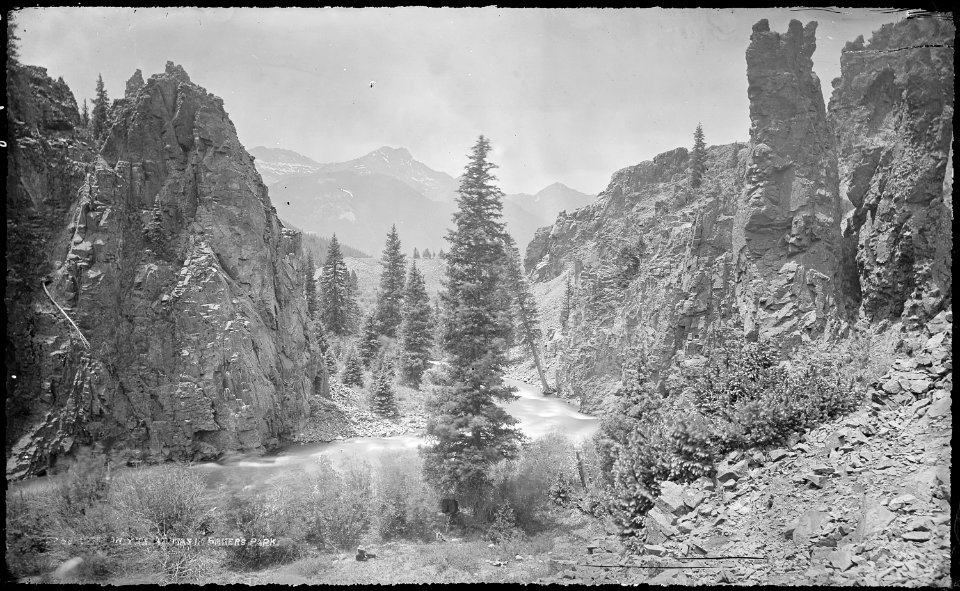 The Animas River, near the mouth of Arastra Gulch, looking down toward Sultan Mountain. Silverton Quadrangle. San... - NARA - 517151