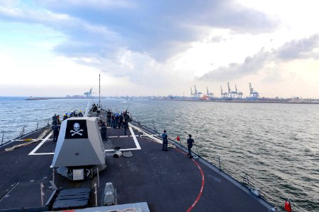 The Arleigh Burke-class guided-missile destroyer USS Kidd (DDG 100) arrives in India for Malabar 2017