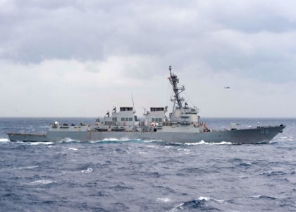 The Arleigh Burke-class guided-missile destroyer USS Shoup (DDG 86) transits the Bay of Bengal during Malabar 2017