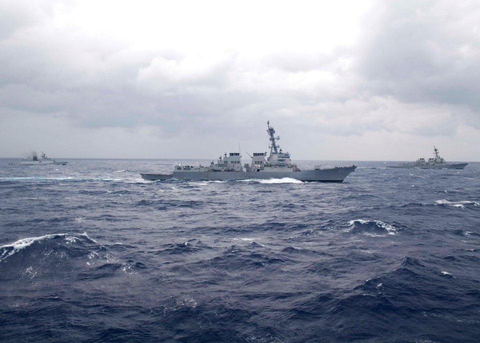 The Arleigh Burke-class guided-missile destroyer USS Shoup (DDG 86) transits the Bay of Bengal alongside the Kamorta-class Stealth Corvette INS Kamorta (P 28) and the Kora-class Corvette INS Kora (P 61) during exercise for Malabar 2017