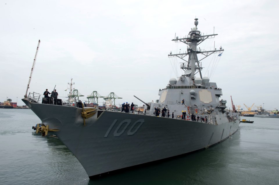The Arleigh Burke-class guided-missile destroyer USS Kidd (DDG 100) departs Chennai, India, to begin the at-sea phase of Malabar 2017