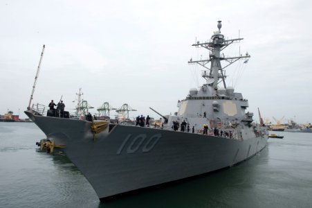 The Arleigh Burke-class guided-missile destroyer USS Kidd (DDG 100) departs Chennai, India, to begin the at-sea phase of Malabar 2017