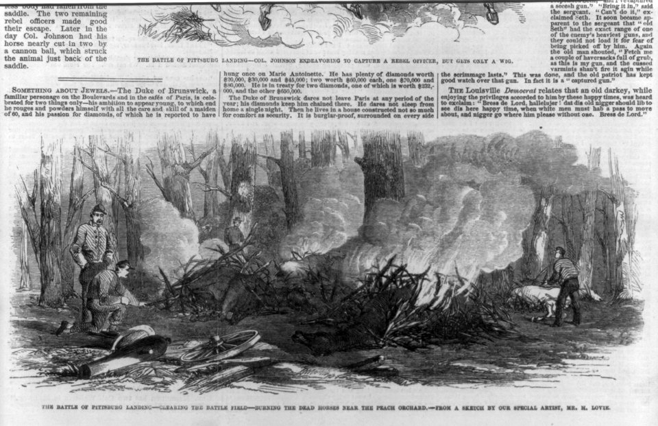 The Battle of Pittsburg Landing (Shiloh, Tenn., April 1862)- Burning the dead horses near the Peach Orch. LCCN2005694847
