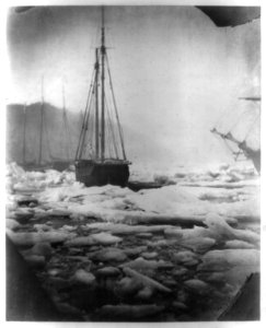 The Benjamin S. Wright, a schooner, navigating through ice at Square Island Harbor, 1864, another ship in the background and one entering at right LCCN2012645562