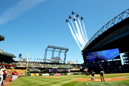 The Blue Angels fly over Safeco Field. (20238907576) photo