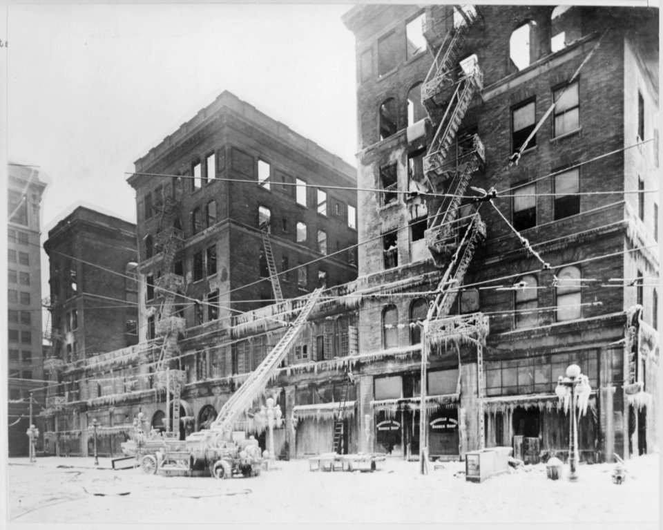 The burned-out Monticello Hotel, Norfolk, Virginia, and fire apparatus frosted with icicles, 1918 - NARA - 533642