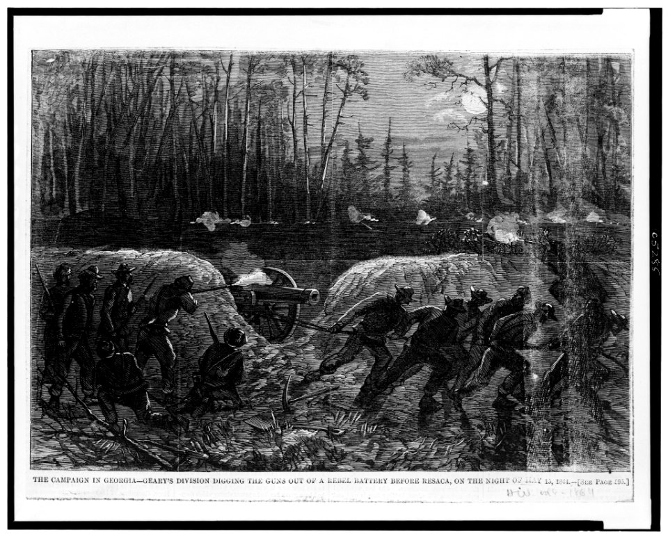 The Campaign in Georgia-Geary's division digging the guns out of a rebel battery before Resaca, on the night of May 15, 1864 LCCN92510825