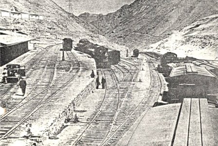 The Casapalca mining camp and rail yard with an inspection car at the station platform