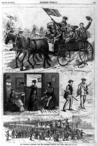 The Centennial (4 scenes)- 1. A wagon load from Jersey (group of people in horse-drawn wagon); 2. On the farm, going to the centennial for a day (man and 2 women in farmhouse); 3. Footing it LCCN99614210 photo