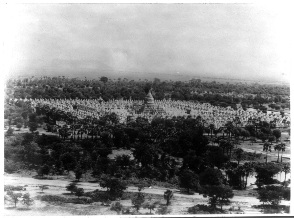 The charity pagoda surrounded by the 733 little pagodas each containing a chapter of the Buddhist law engraved on a marble slab LCCN2003663118