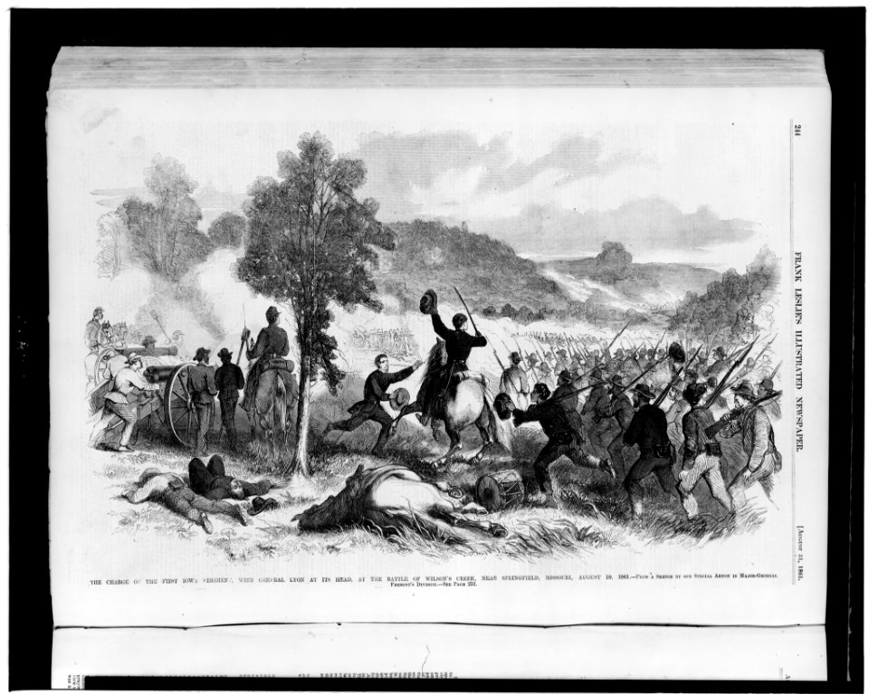 The charge of the First Iowa Regiment, with General Lyon at its head, at the Battle of Wilson's Creek, near Springfield, Missouri, August 10, 1861 - from a sketch by our special artist in LCCN98510938