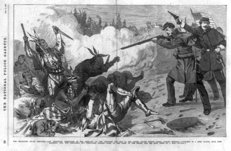 The Cheyennes' death struggle - last desperate resistance of the remnant of the frenzied Red Men to the United States troops under Captain Wessells in a deep ravine, near Fort Robinson, LCCN2003690107