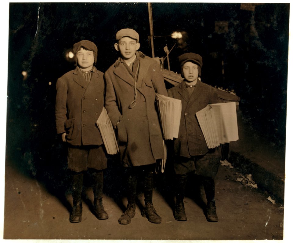 Selling the 'Warheit' - Jewish paper, at midnight, on Delancey Street. M. Brown - 247 Monroe Street, Age 10 - on right. H. Brown - 247 Monroe Street, Age 12 - on left. Scheer - 263 Stanton LOC nclc.03862