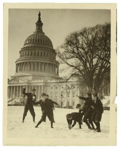Senate page boys stage their first snow battle on the Capitol plaza LCCN91786800