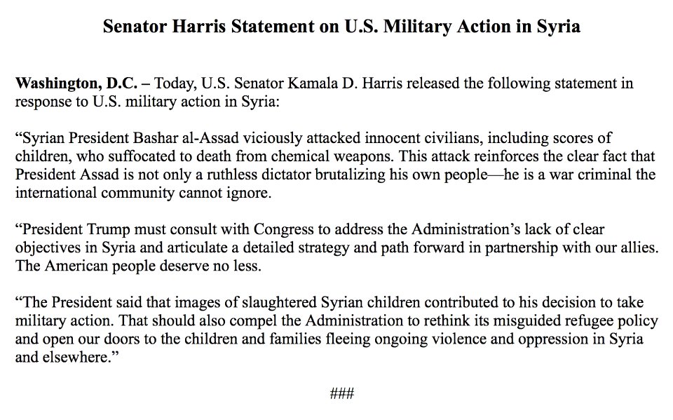 Senator Harris Statement on U.S. Military Action in Syria