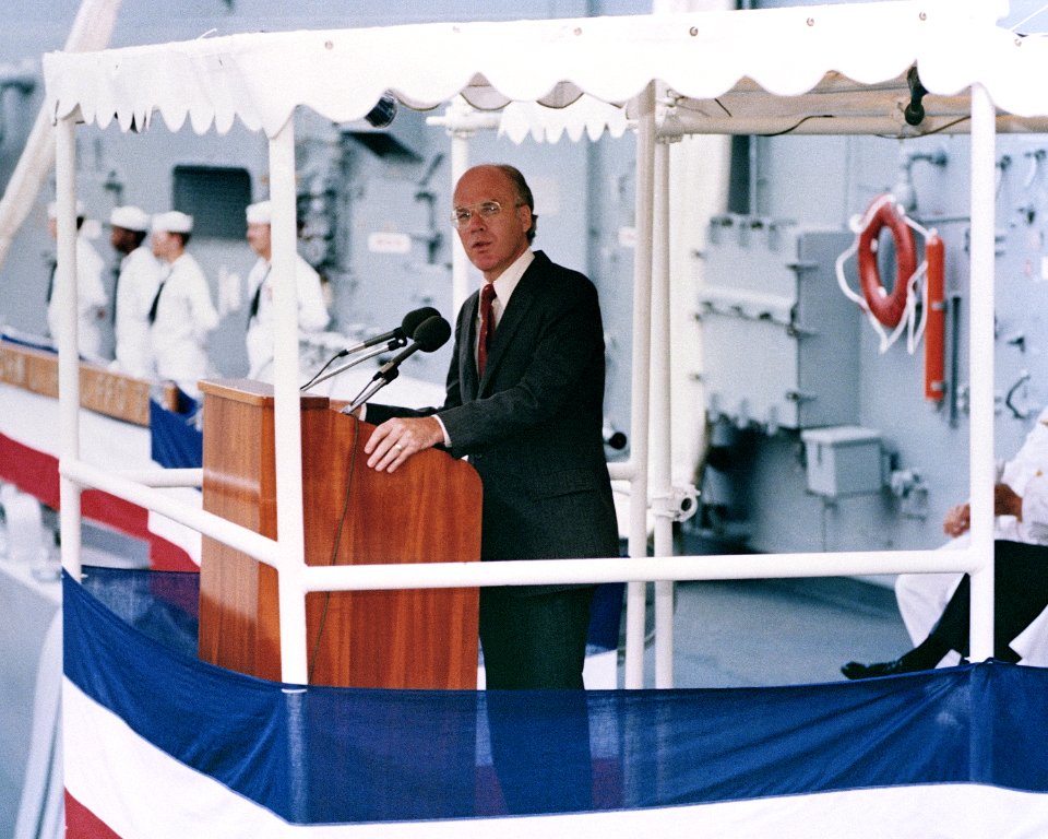 Senator Patrick Leahy speaks during the commissioning ceremony for the Oliver Hazard Perry class guided missile frigate USS JOHN L. HALL (FFG 32)