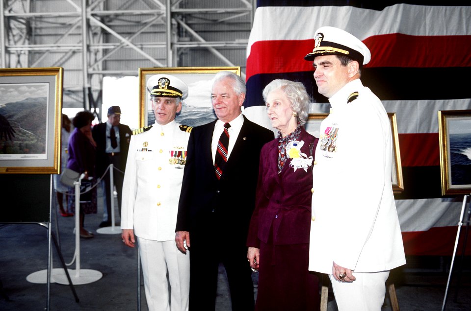 Senator Robert C. Byrd poses for a photograph at the commissioning ceremony of the nuclear-powered fleet ballistic missile submarine USS WEST VIRGINIA (SSBN-736)