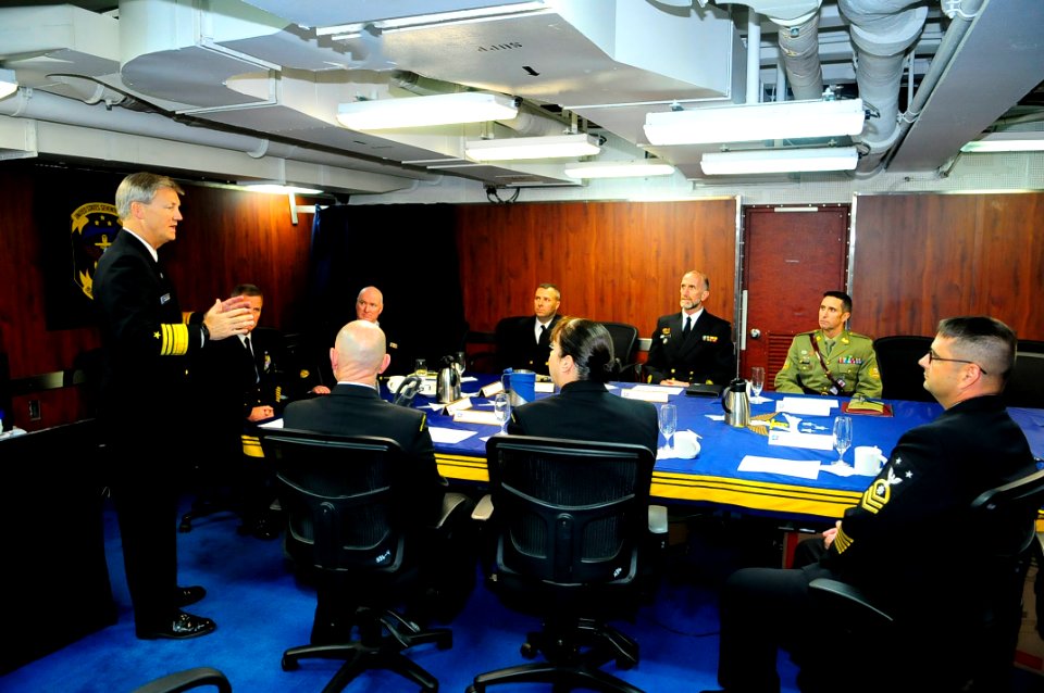 Senior enlisted leaders exchange ideas before the start of Talisman Saber 2015 150704-N-GR655-025