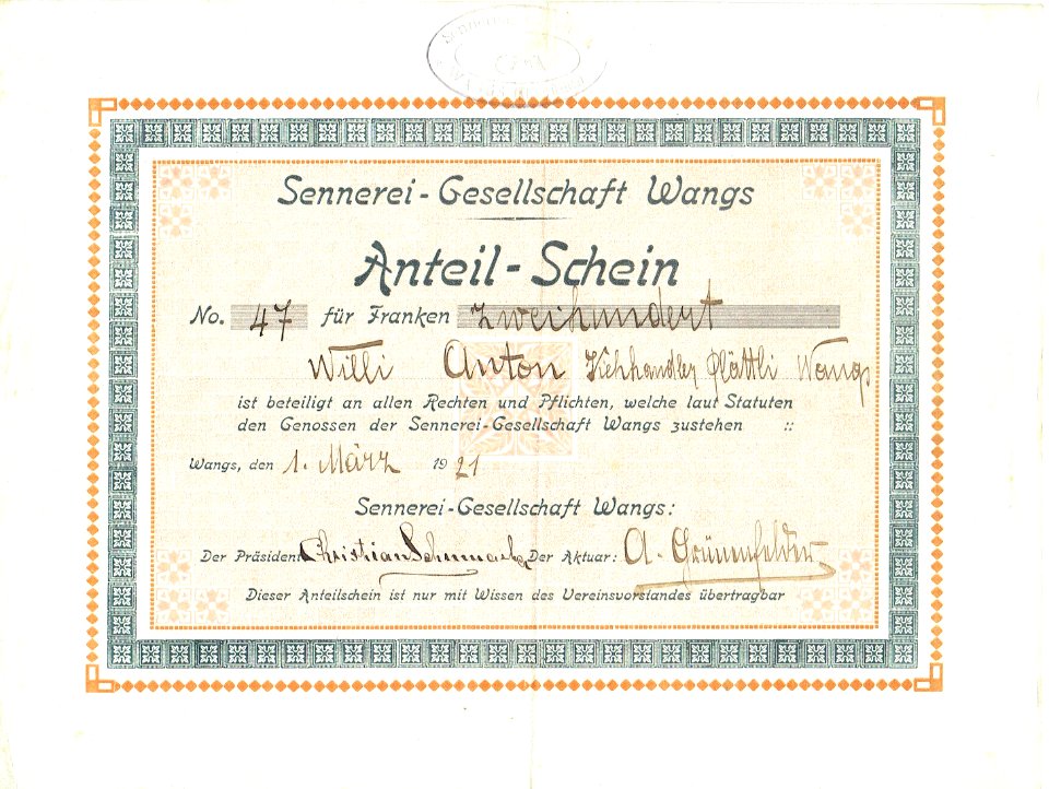 Sennerei-Gesellschaft Wangs 1921