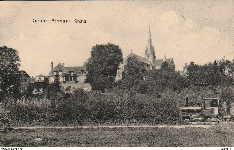 Senuc, Schloss u. Kirche (Kunst- und Verlagsanstalt Schnaar & Dathe, Trier), handbeschrieben am 15. August 1916