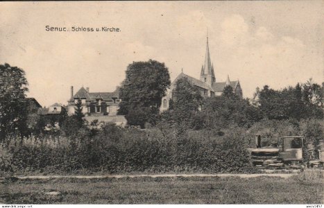 Senuc, Schloss u. Kirche (Kunst- und Verlagsanstalt Schnaar & Dathe, Trier), handbeschrieben am 15. August 1916
