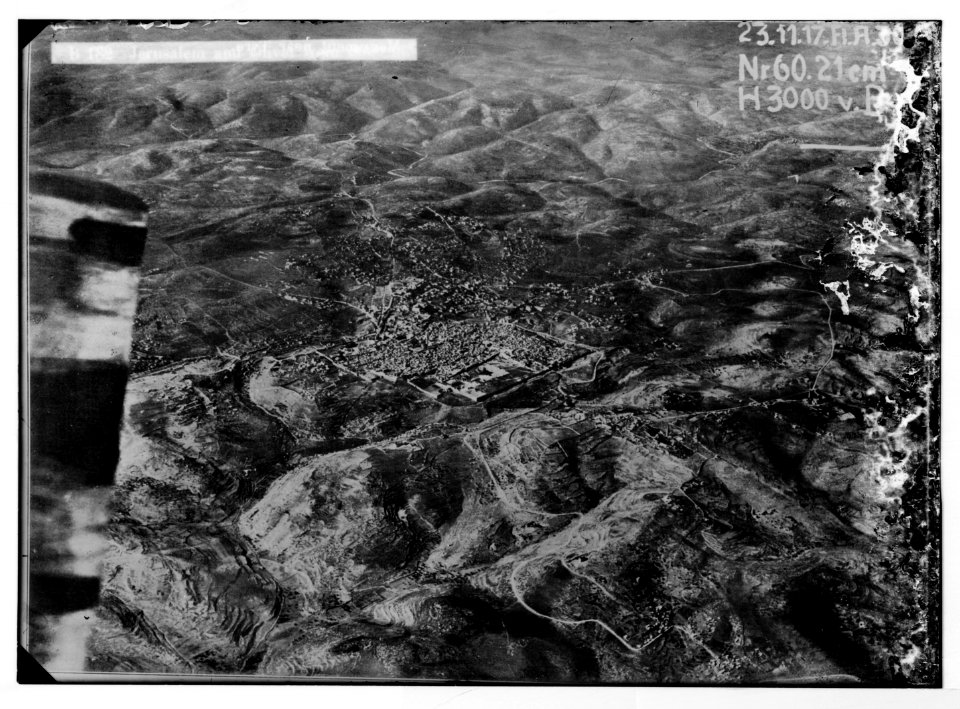 Series of first aerial photographs of Palestine and Syria. Jerusalem and Olivet from 3000 m. LOC matpc.05582