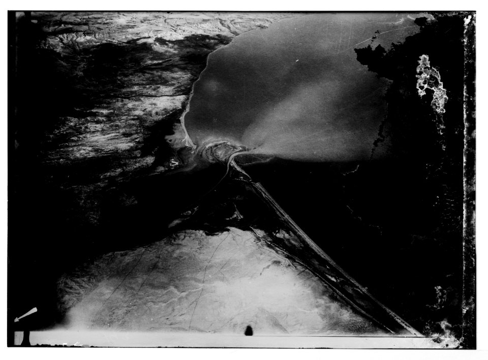 Series of first aerial photographs of Palestine and Syria. Jordan entering the Dead Sea, 300 m. LOC matpc.05593