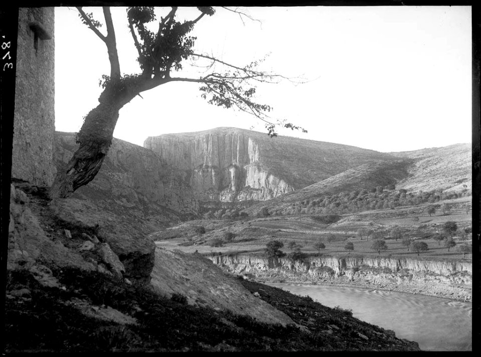 Serra de Coscoll i l'estret de la vall amb el riu Pallaresa vist des del monestir