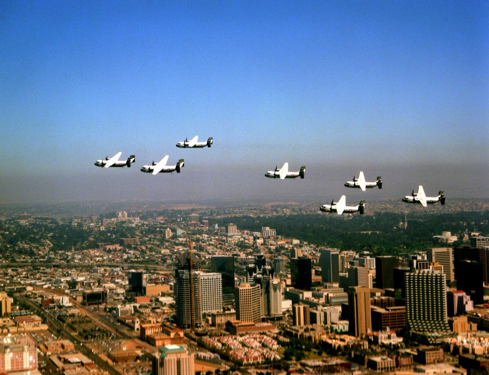 Seven VRC-30 C-2A Greyhounds in formation flight over San Diego 1990 DN-SC-04-14293