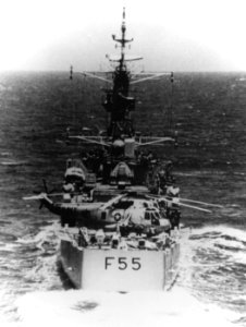 SH-3 Sea King after emergency landing on HMNZS Waikato (F55) in April 1978