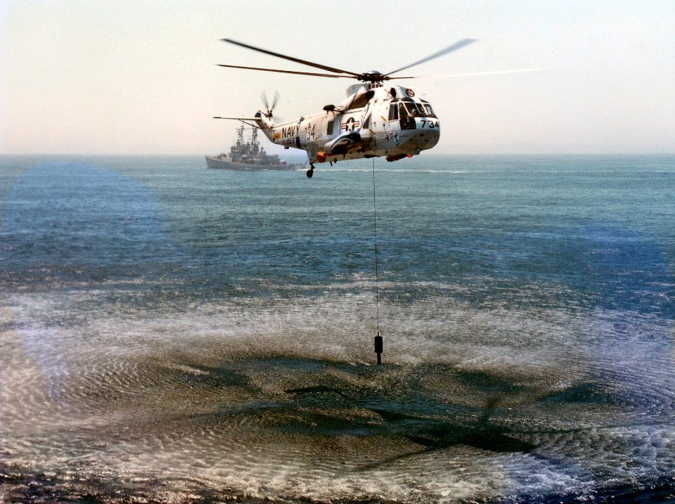 SH-3H Sea King of HS-6 lowering sonar c1977