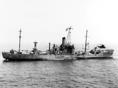 SH-3A Sea King hovers over the damaged USS Liberty (AGTR-5) on 8 June 1967 (USN 1123118)