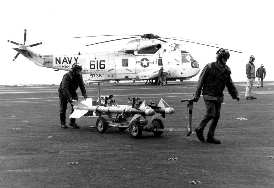 SH-3H HS-17 and AIM-9Ls on deck of USS Coral Sea (CV-43) 1986