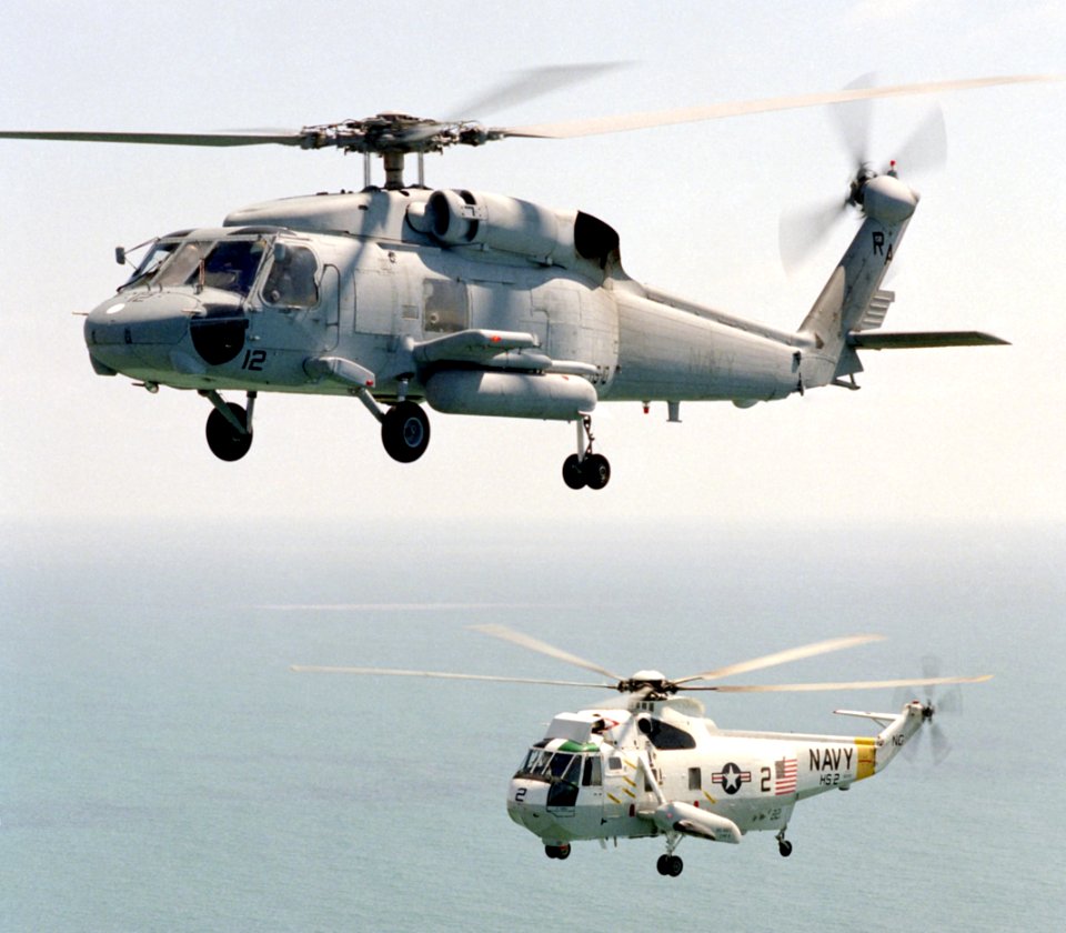 SH-60F HS-10 and SH-3H HS-2 inflight 1989