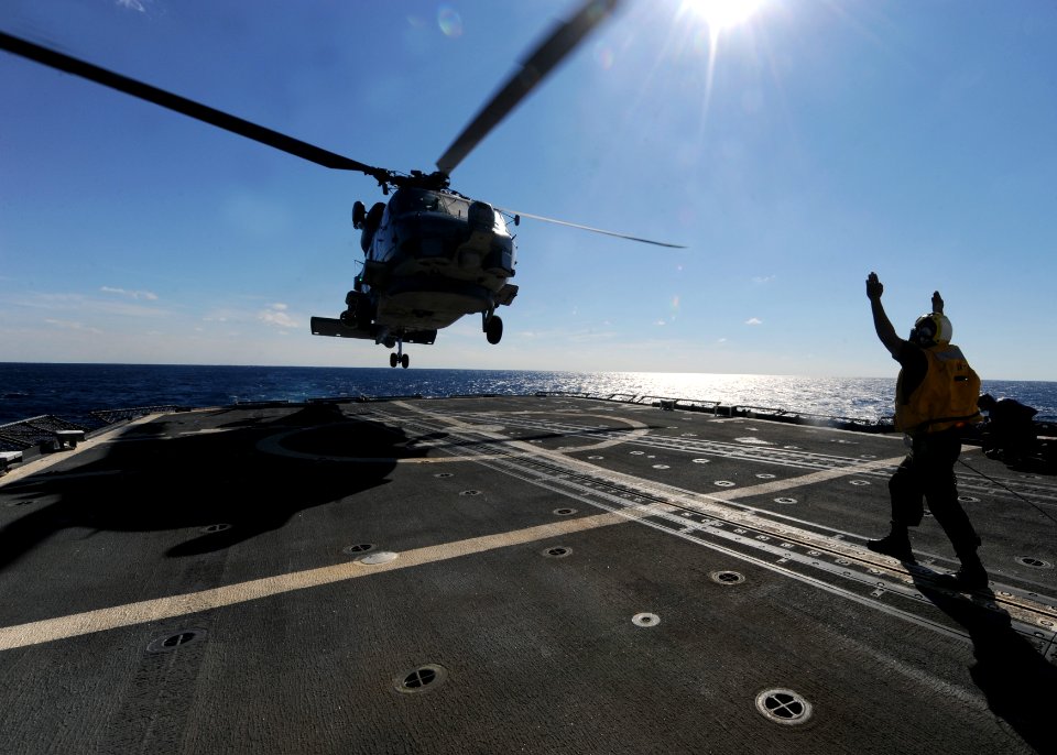 SH-60B Seahawk helicopter lands on carrier deck