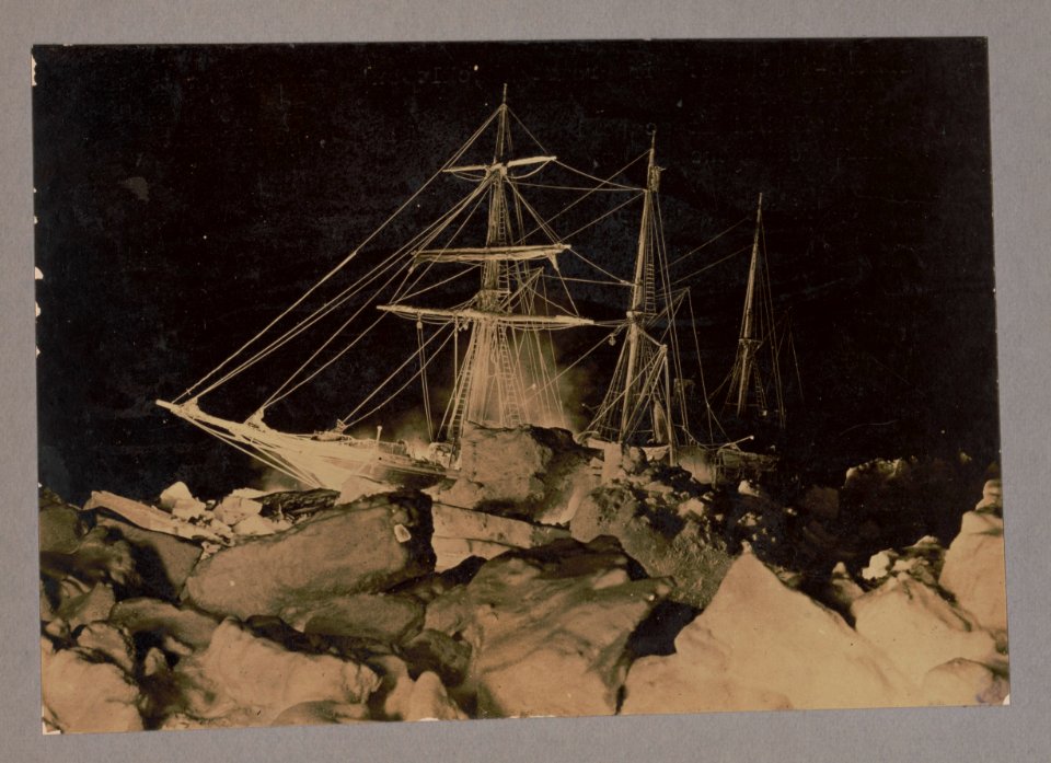 Shackleton's expedition to the Antarctic winter flashlight scene in the Weddell Sea, showing Endurance stuck fast. LCCN2013646120