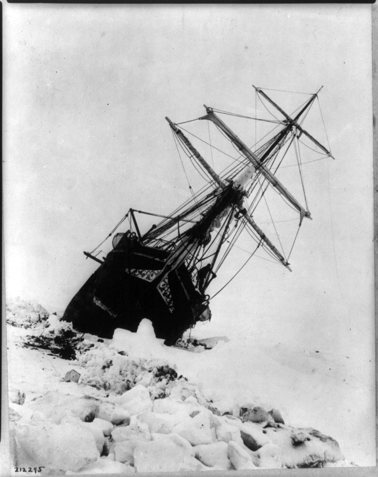 Shackleton's expedition to the Antarctic Endurance squeezed between an ice jam. LCCN2013646123