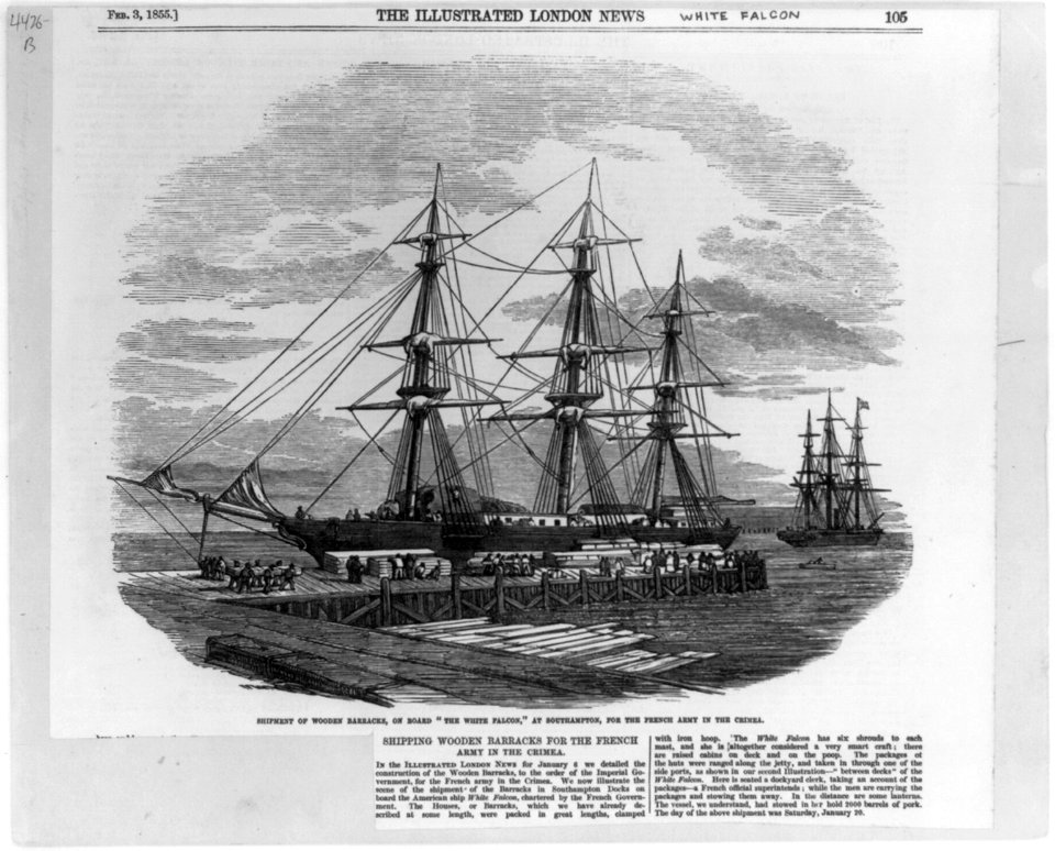 Shipment of wooden barracks, on board THE WHITE FALCON, at Southampton (dock), for the French Army in Crimea LCCN2003654878